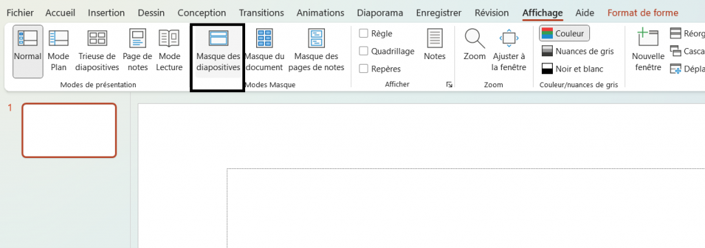Menu affichage masque powerpoint